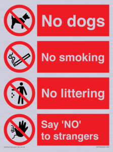 Playground Sign - No dogs, No smoking, No littering, Say 'NO' to strangers